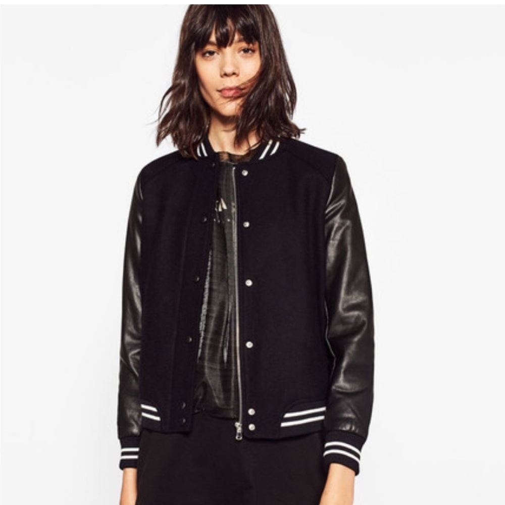 Zara Black Varsity Bomber Jacket with Striped Trim